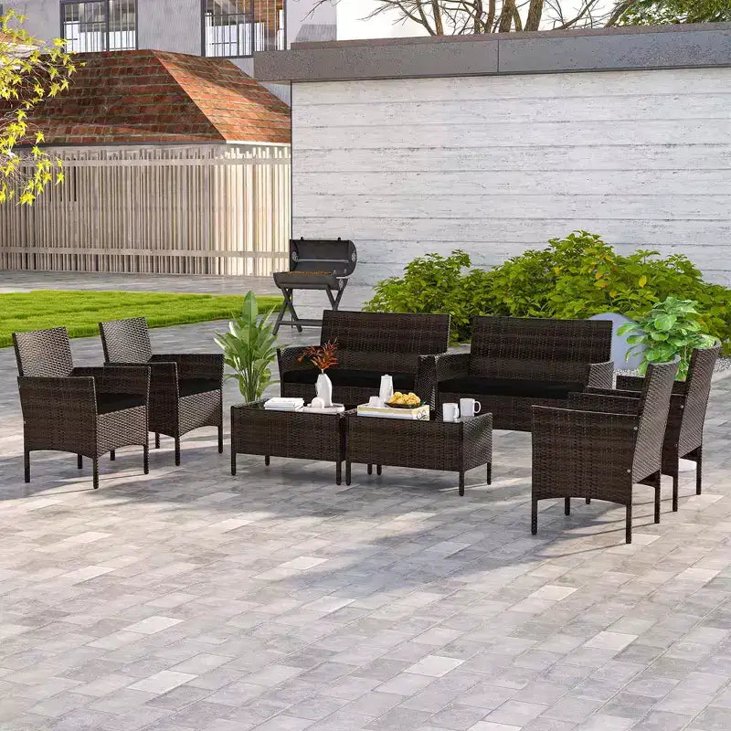 Costway 8 PCS Patio Furniture Set with Washable Cushions and Tempered Glass Coffee Table Black/Grey/Navy/Turquoise/Red/Blue/Orange