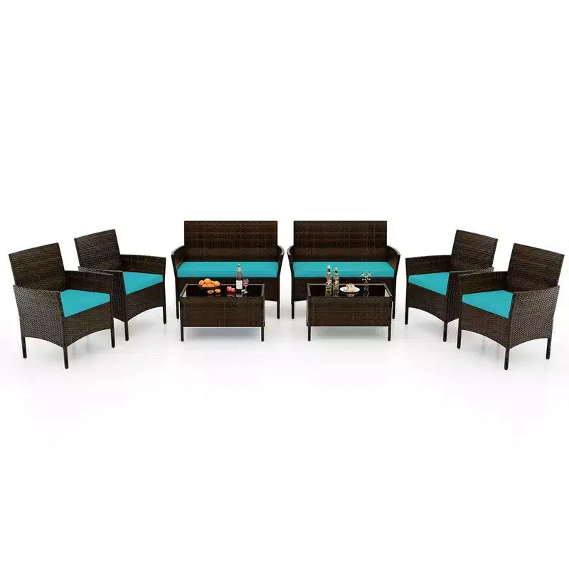 Costway Ensemble de Meubles de Patio 8 Pièces avec Coussins Lavables et Table Basse en Verre Trempé Noir/Gris/Bleu Marine/Turquoise/Rouge/Bleu/Orange