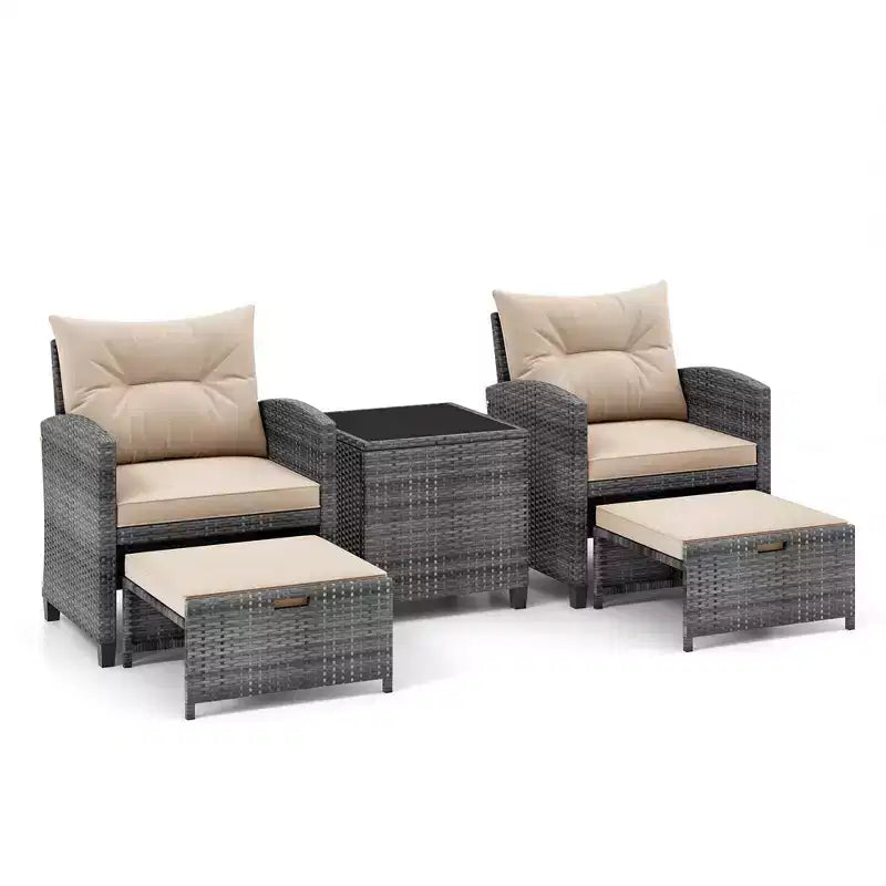 Costway Ensemble de Meubles de Jardin en Rotin 5 Pièces avec 2 Ottomans et Table Basse en Verre Trempé Noir/Gris/Bleu Marine/Beige/Rouge