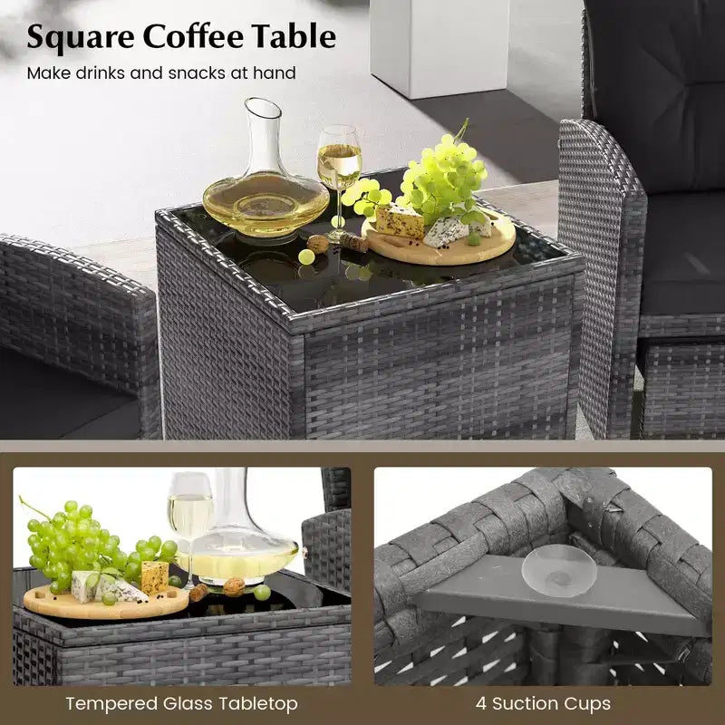 Costway Ensemble de Meubles de Jardin en Rotin 5 Pièces avec 2 Ottomans et Table Basse en Verre Trempé Noir/Gris/Bleu Marine/Beige/Rouge