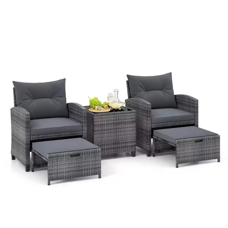 Costway Ensemble de Meubles de Jardin en Rotin 5 Pièces avec 2 Ottomans et Table Basse en Verre Trempé Noir/Gris/Bleu Marine/Beige/Rouge