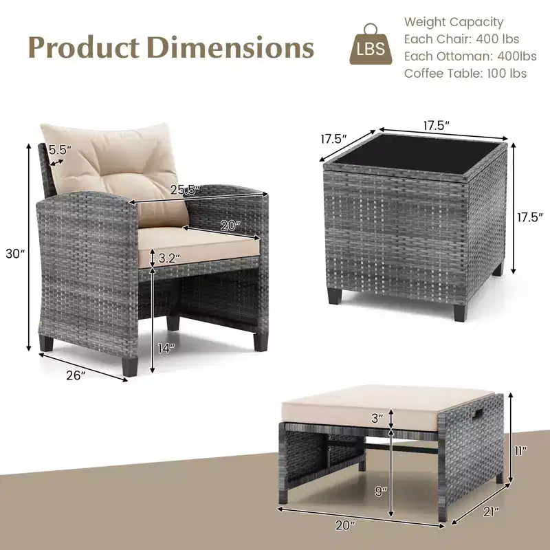 Costway Ensemble de Meubles de Jardin en Rotin 5 Pièces avec 2 Ottomans et Table Basse en Verre Trempé Noir/Gris/Bleu Marine/Beige/Rouge