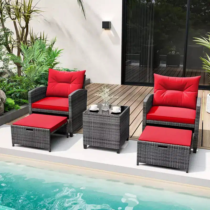Costway Ensemble de Meubles de Jardin en Rotin 5 Pièces avec 2 Ottomans et Table Basse en Verre Trempé Noir/Gris/Bleu Marine/Beige/Rouge