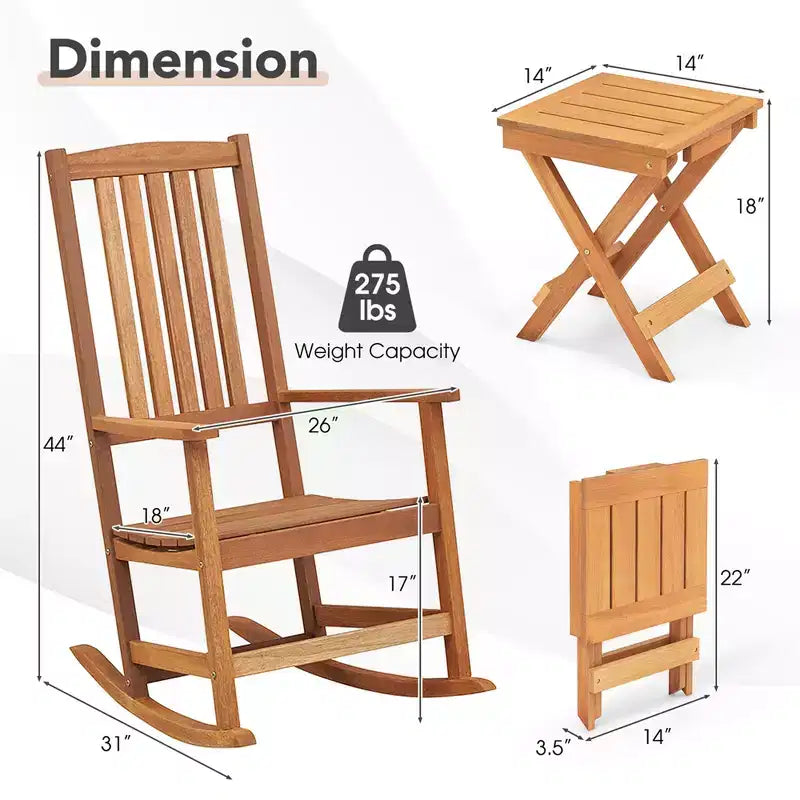 Ensemble table carrée pliante en bois et 2 chaises à bascule Costway avec assise et plateau à lattes