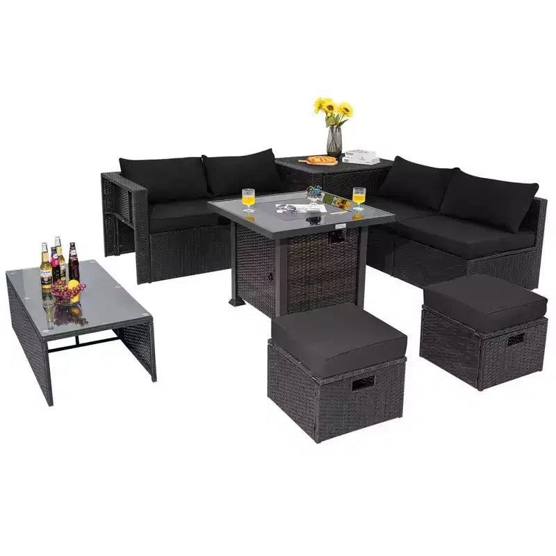Ensemble de mobilier de patio Costway 9 pièces avec table foyer 32 po 50 000 BTU, foyer au propane carré noir/gris/bleu marine/rouge/turquoise/blanc