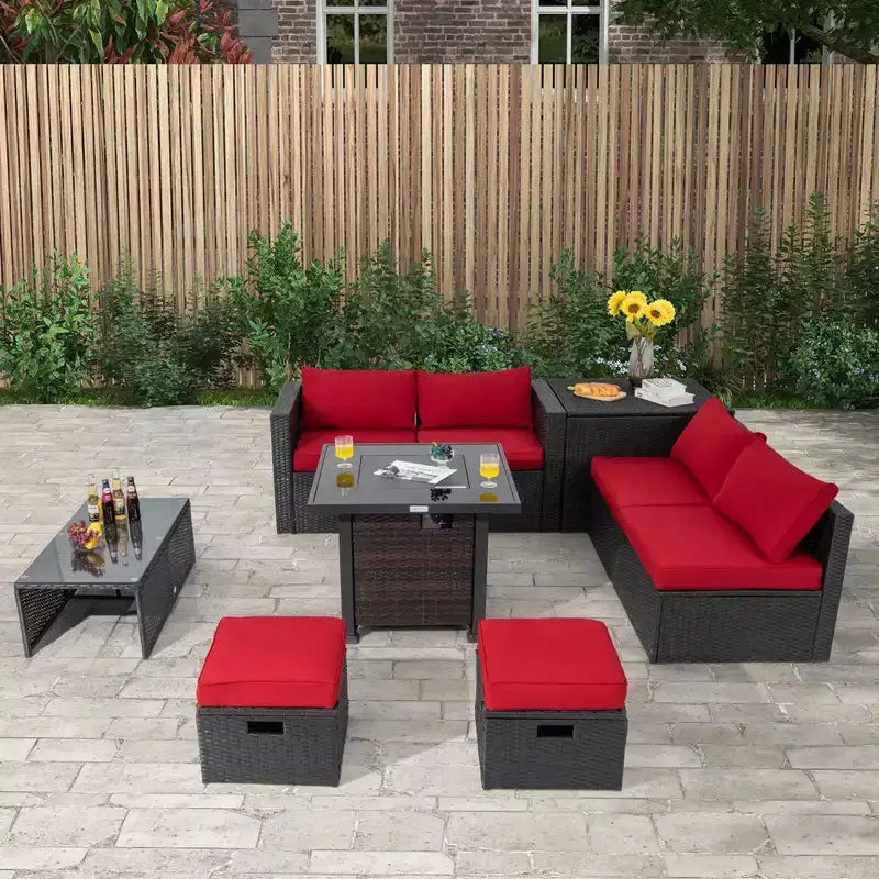 Ensemble de mobilier de patio Costway 9 pièces avec table foyer 32 po 50 000 BTU, foyer au propane carré noir/gris/bleu marine/rouge/turquoise/blanc