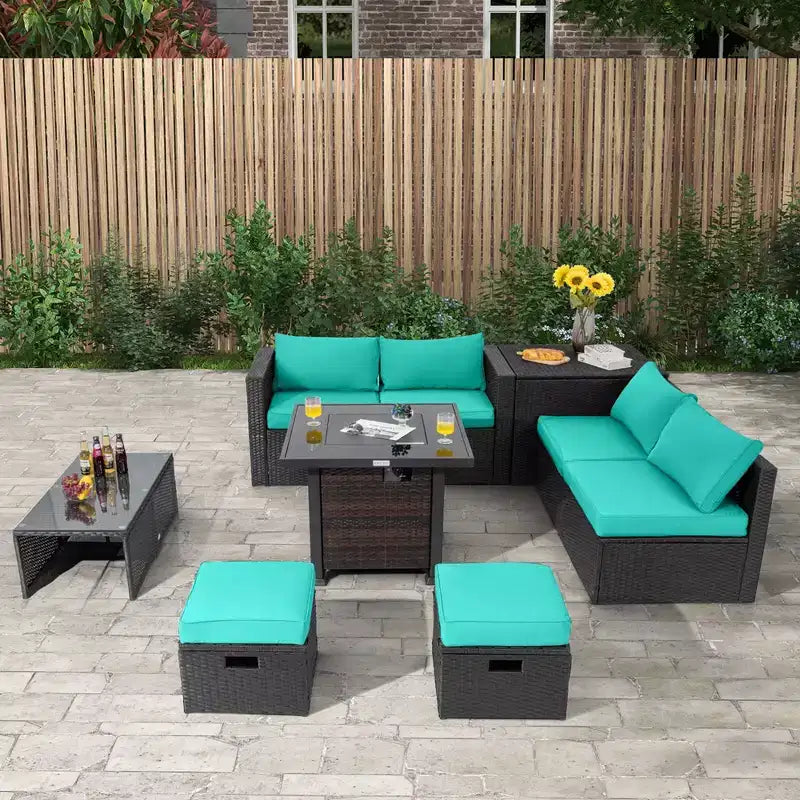 Ensemble de mobilier de patio Costway 9 pièces avec table foyer 32 po 50 000 BTU, foyer au propane carré noir/gris/bleu marine/rouge/turquoise/blanc