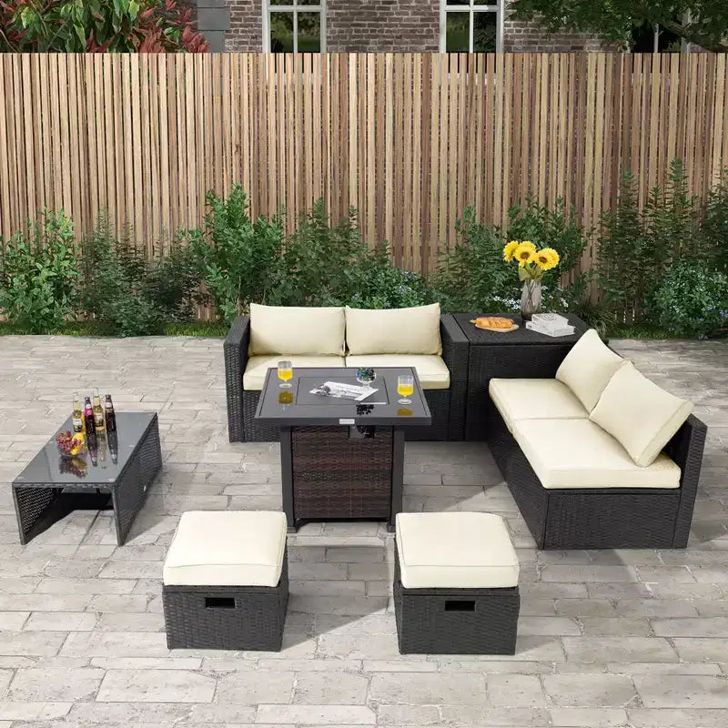 Ensemble de mobilier de patio Costway 9 pièces avec table foyer 32 po 50 000 BTU, foyer au propane carré noir/gris/bleu marine/rouge/turquoise/blanc