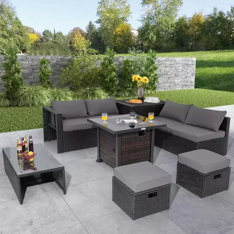 Ensemble de mobilier de patio Costway 9 pièces avec table foyer 32 po 50 000 BTU, foyer au propane carré noir/gris/bleu marine/rouge/turquoise/blanc