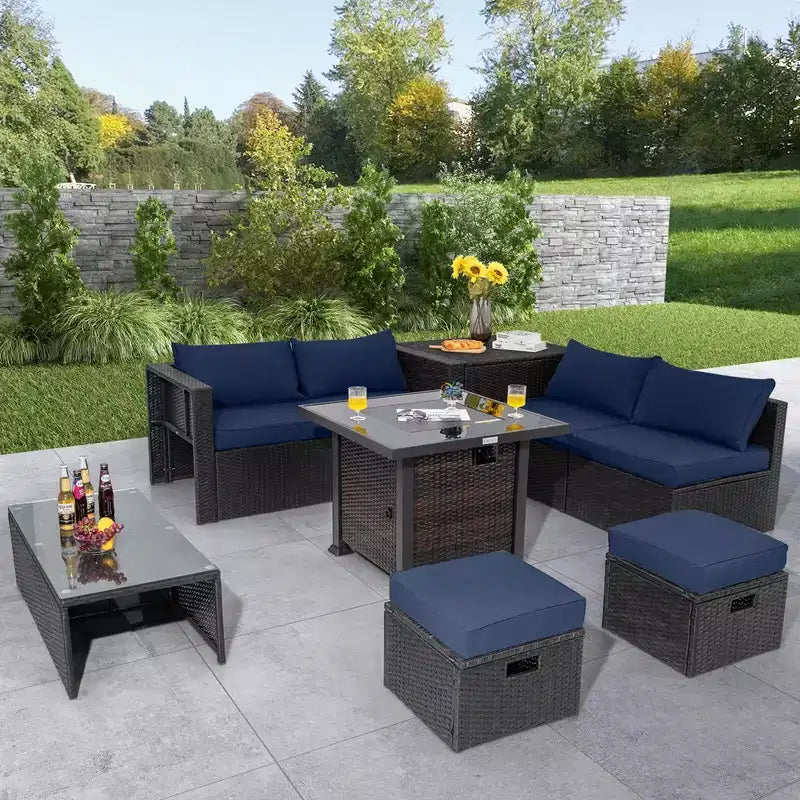Ensemble de mobilier de patio Costway 9 pièces avec table foyer 32 po 50 000 BTU, foyer au propane carré noir/gris/bleu marine/rouge/turquoise/blanc