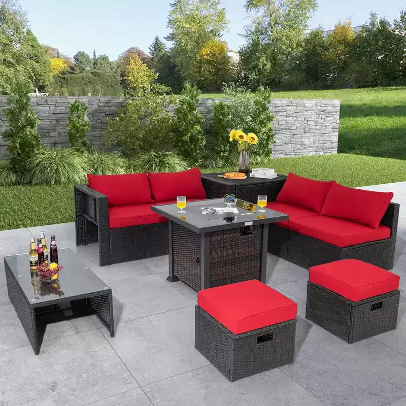 Ensemble de mobilier de patio Costway 9 pièces avec table foyer 32 po 50 000 BTU, foyer au propane carré noir/gris/bleu marine/rouge/turquoise/blanc