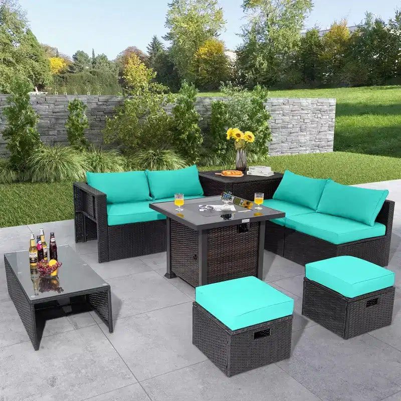 Ensemble de mobilier de patio Costway 9 pièces avec table foyer 32 po 50 000 BTU, foyer au propane carré noir/gris/bleu marine/rouge/turquoise/blanc