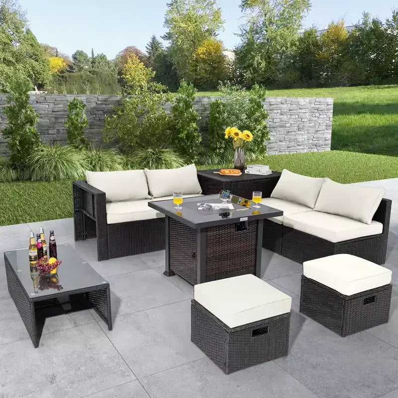 Ensemble de mobilier de patio Costway 9 pièces avec table foyer 32 po 50 000 BTU, foyer au propane carré noir/gris/bleu marine/rouge/turquoise/blanc