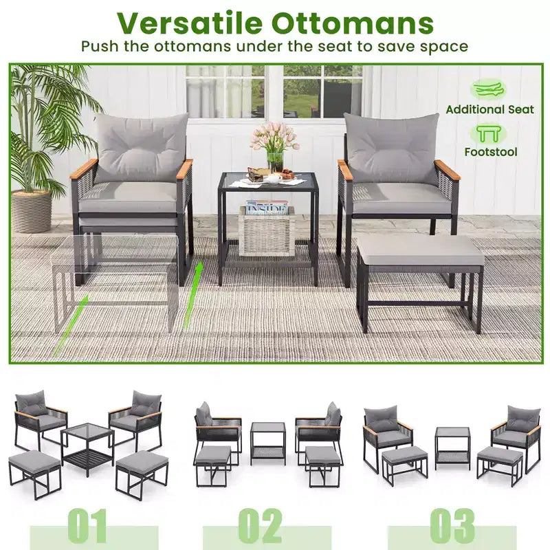 Ensemble de conversation d'extérieur 5 pièces Costway avec fauteuils en rotin et table d'appoint à 2 niveaux