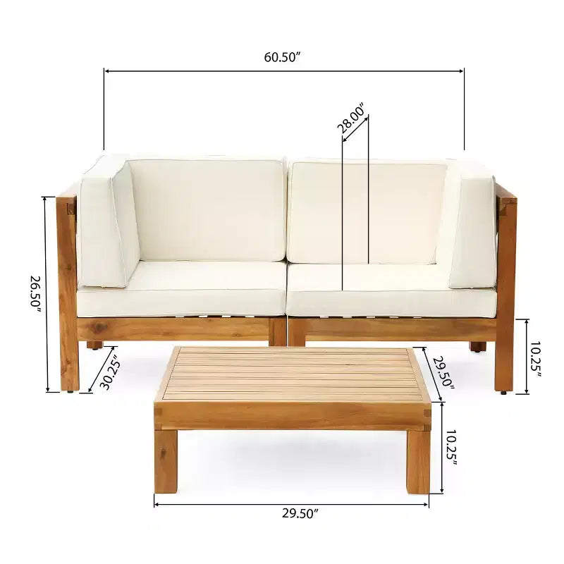 GDFStudio Keith Ensemble canapé et table basse d'extérieur en bois d'acacia avec coussins, teck/beige