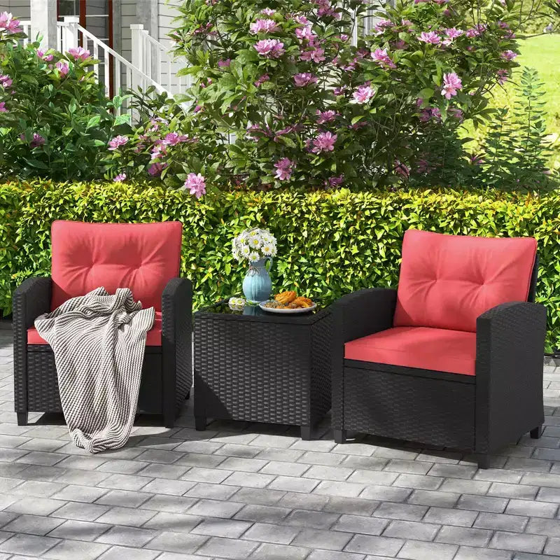 Ensemble de mobilier de patio Costway 3 pièces avec table basse en verre trempé et coussins lavables Beige/Noir/Blanc cassé/Rouge/Bleu marine/Turquoise
