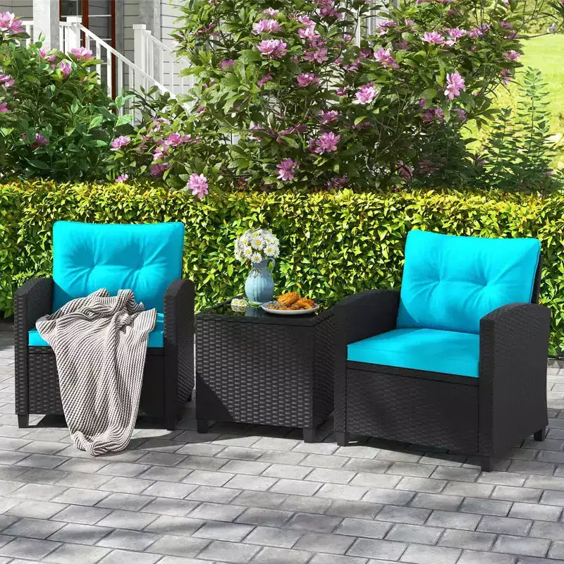 Ensemble de mobilier de patio Costway 3 pièces avec table basse en verre trempé et coussins lavables Beige/Noir/Blanc cassé/Rouge/Bleu marine/Turquoise