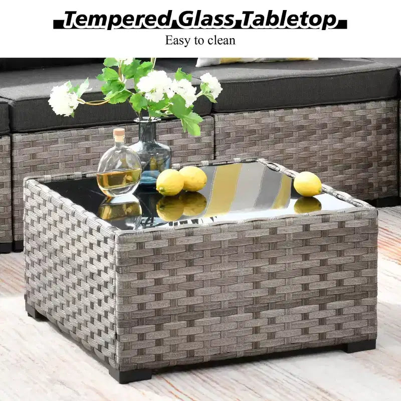 Ensemble de conversation de 6 meubles de patio extérieurs en osier Marlton avec sectionnel de canapé, table et coussins