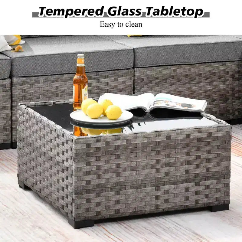 Ensemble de conversation de 6 meubles de patio extérieurs en osier Marlton avec sectionnel de canapé, table et coussins
