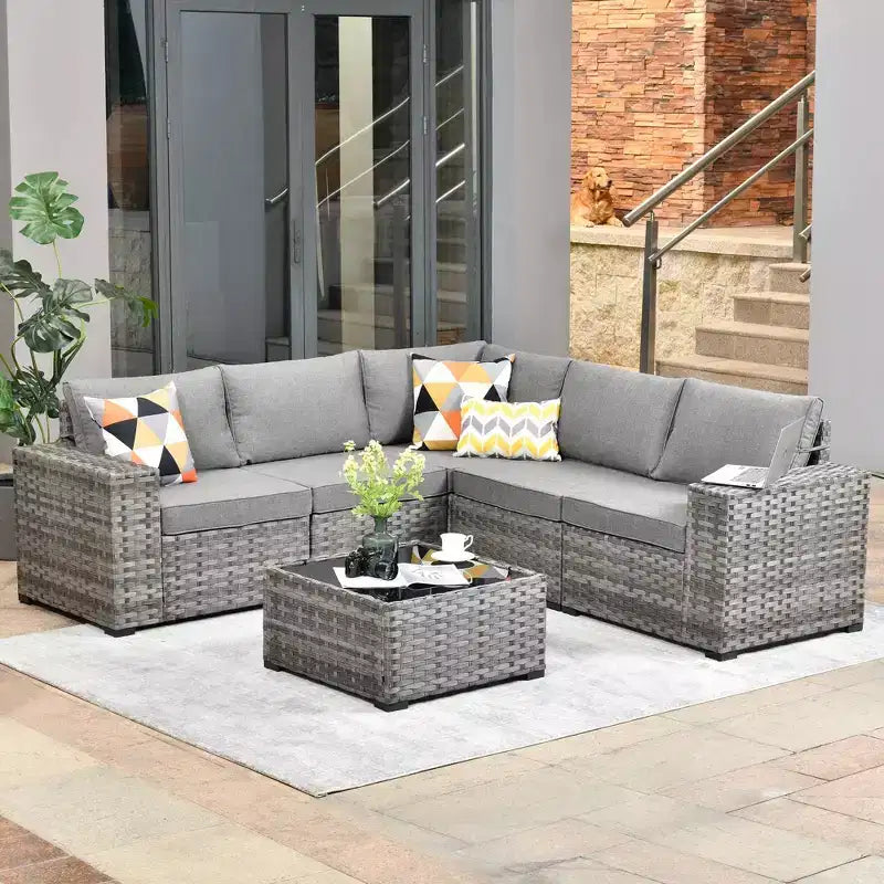 Ensemble de conversation de 6 meubles de patio extérieurs en osier Marlton avec sectionnel de canapé, table et coussins