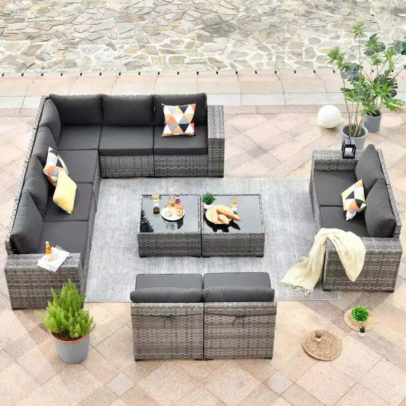 Ensemble de mobilier de patio en osier Marlton 12 pièces - Canapé sectionnel de conversation avec coussins