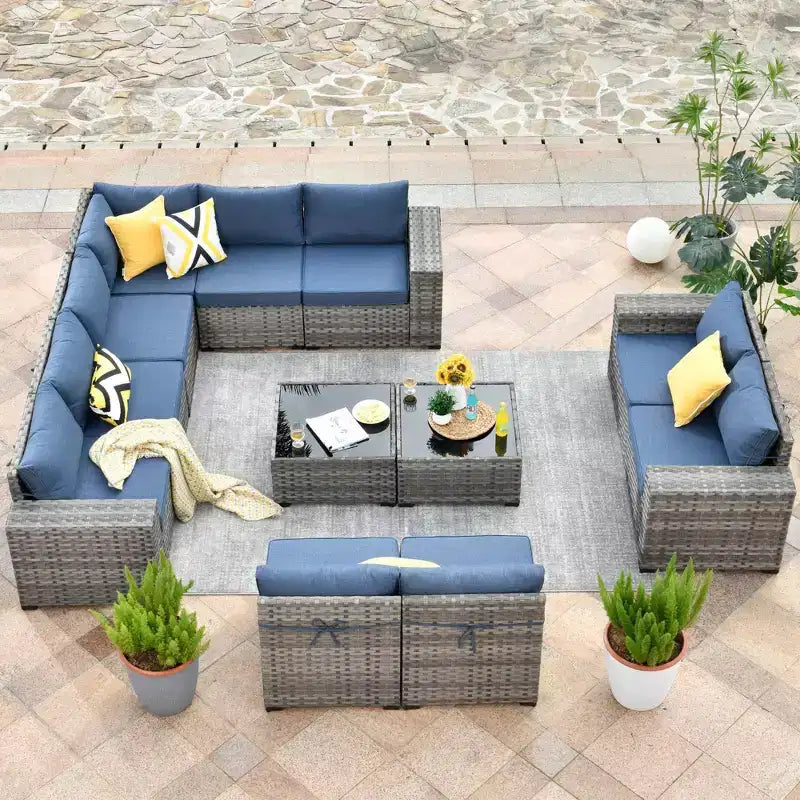 Ensemble de mobilier de patio en osier Marlton 12 pièces - Canapé sectionnel de conversation avec coussins