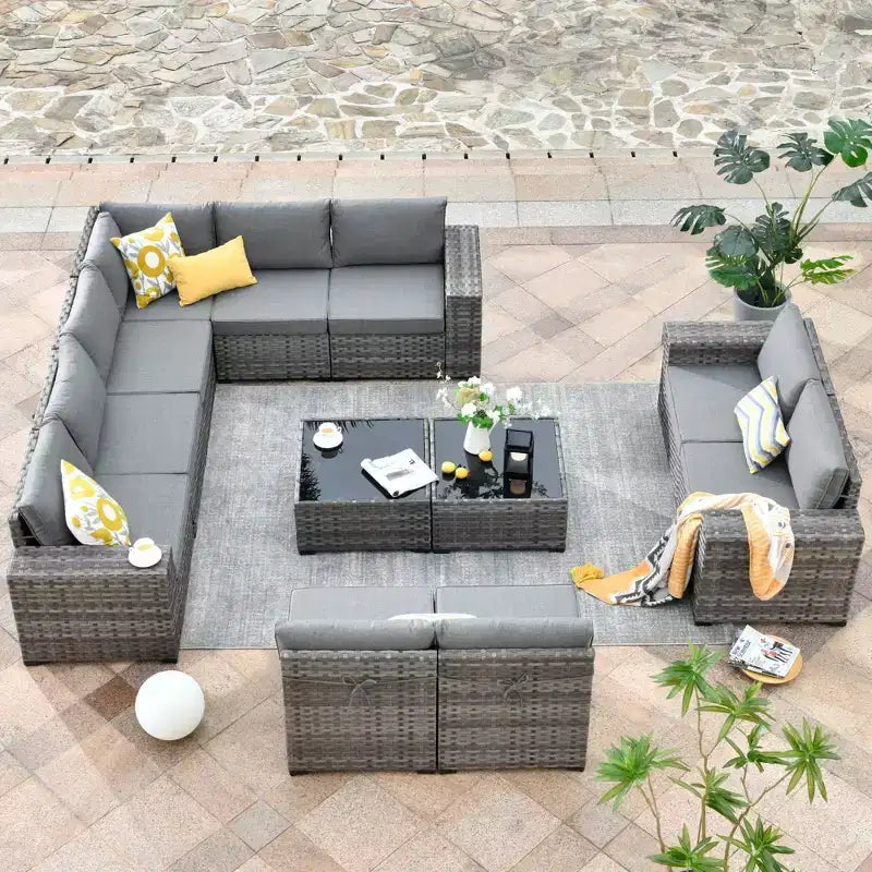 Ensemble de mobilier de patio en osier Marlton 12 pièces - Canapé sectionnel de conversation avec coussins