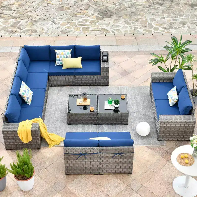 Ensemble de mobilier de patio en osier Marlton 12 pièces - Canapé sectionnel de conversation avec coussins