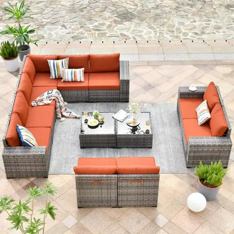 Ensemble de mobilier de patio en osier Marlton 12 pièces - Canapé sectionnel de conversation avec coussins
