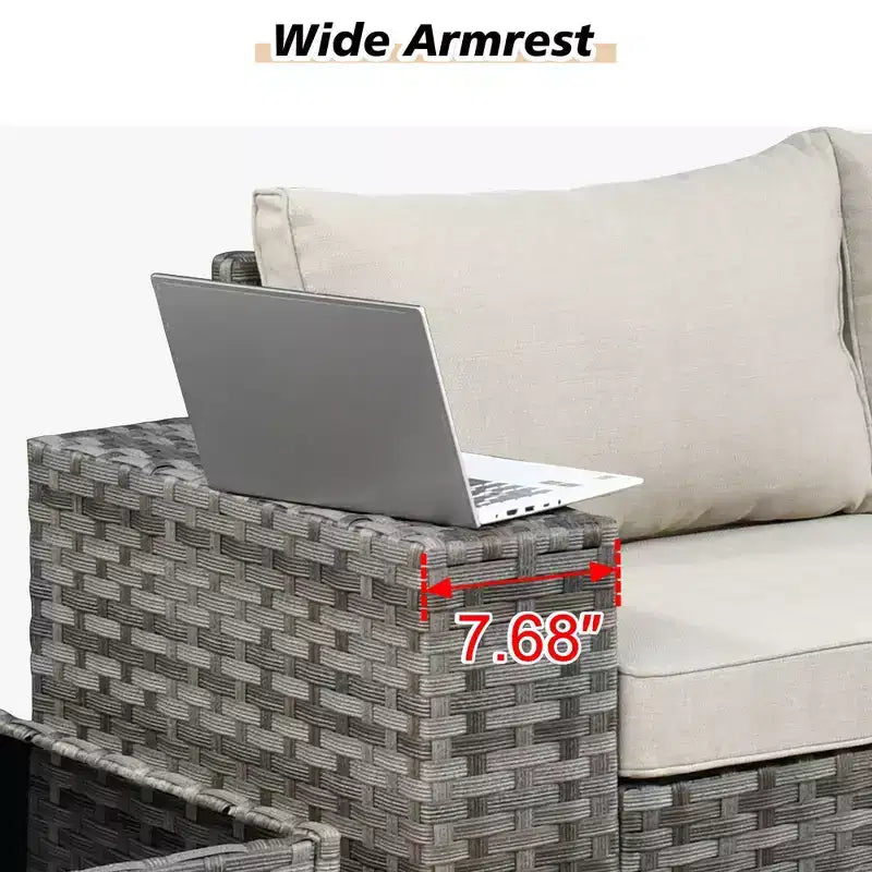 Marlton, ensemble de 9 meubles de patio en osier pour extérieur avec foyer, canapé et fauteuil pivotant avec coussins