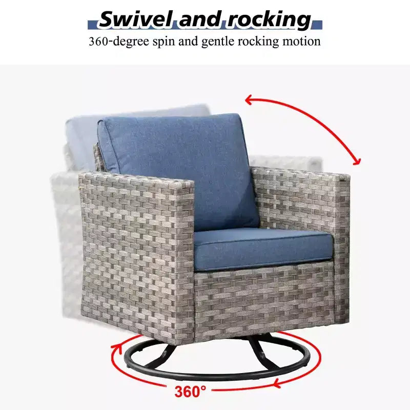 Marlton, ensemble de 9 meubles de patio en osier pour extérieur avec foyer, canapé et fauteuil pivotant avec coussins