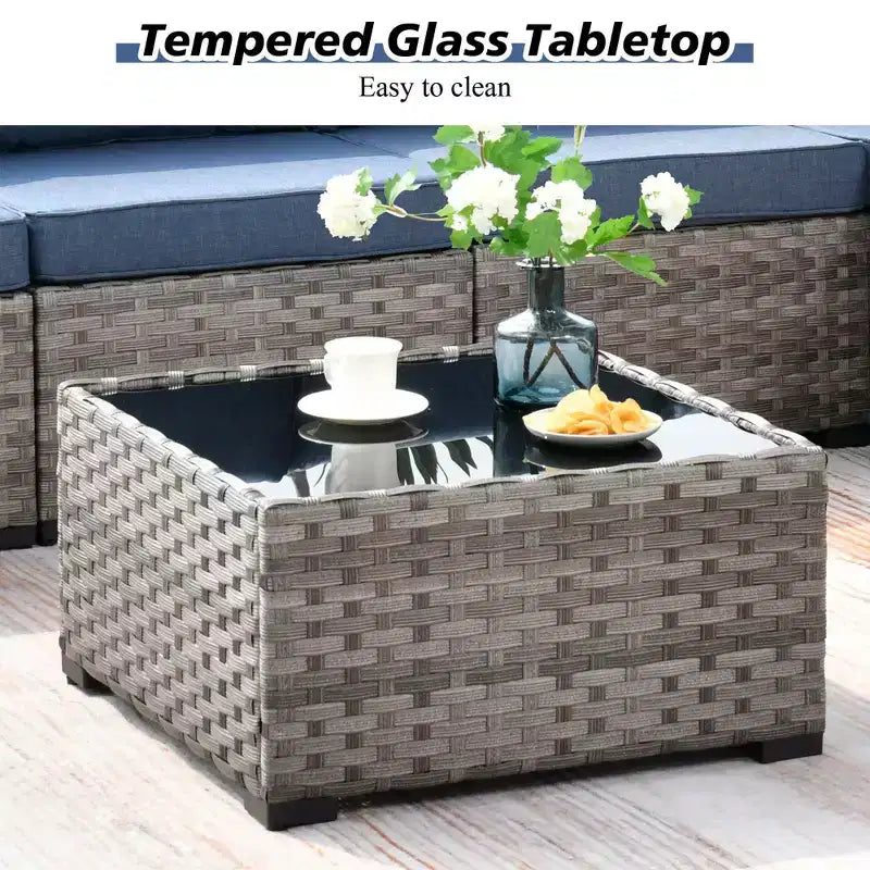 Marlton, ensemble de 9 meubles de patio en osier pour extérieur avec foyer, canapé et fauteuil pivotant avec coussins