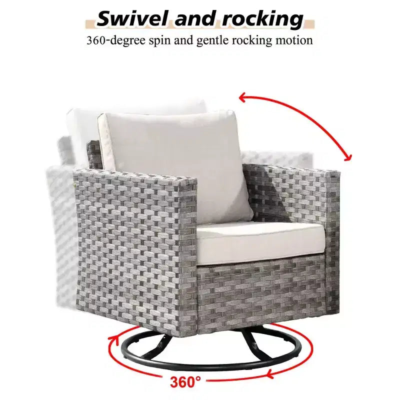 Marlton, ensemble de 9 meubles de patio en osier pour extérieur avec foyer, canapé et fauteuil pivotant avec coussins