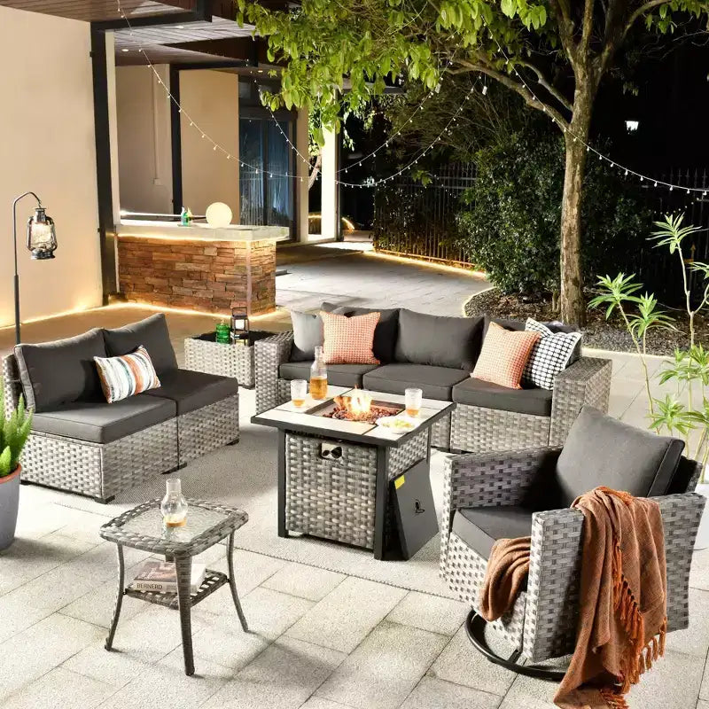 Marlton, ensemble de 9 meubles de patio en osier pour extérieur avec foyer, canapé et fauteuil pivotant avec coussins