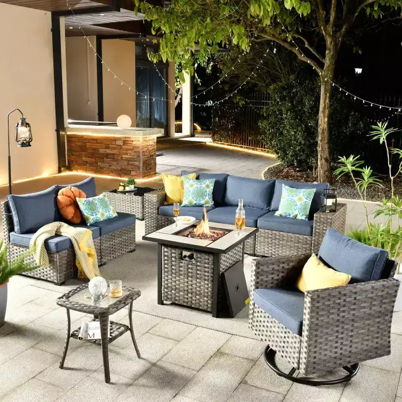 Marlton, ensemble de 9 meubles de patio en osier pour extérieur avec foyer, canapé et fauteuil pivotant avec coussins