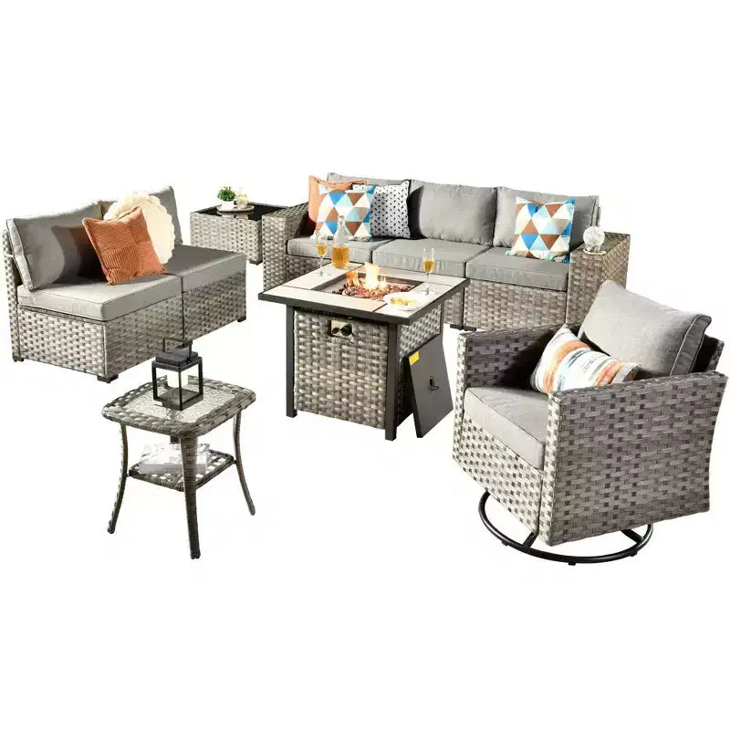 Marlton, ensemble de 9 meubles de patio en osier pour extérieur avec foyer, canapé et fauteuil pivotant avec coussins