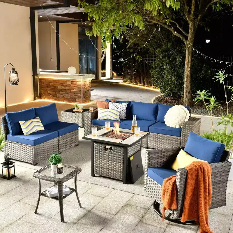 Marlton, ensemble de 9 meubles de patio en osier pour extérieur avec foyer, canapé et fauteuil pivotant avec coussins