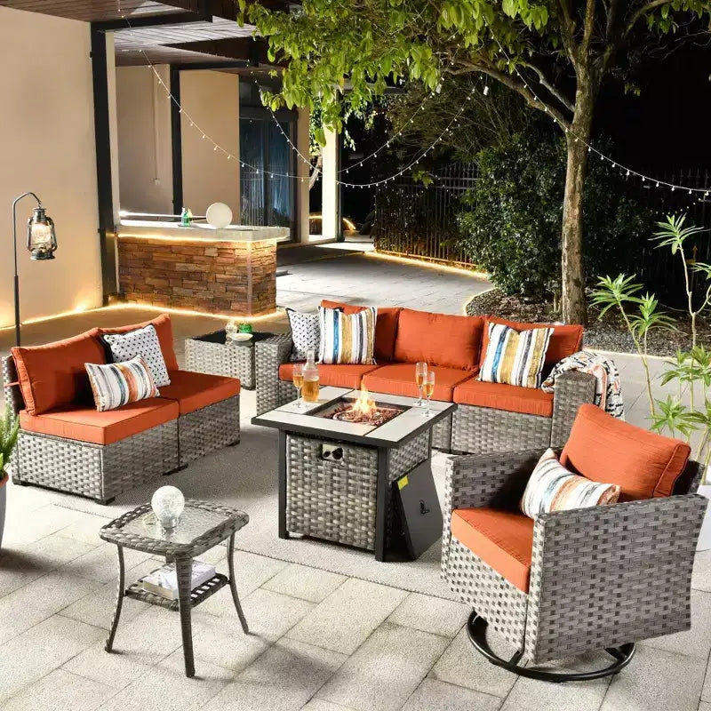 Marlton, ensemble de 9 meubles de patio en osier pour extérieur avec foyer, canapé et fauteuil pivotant avec coussins
