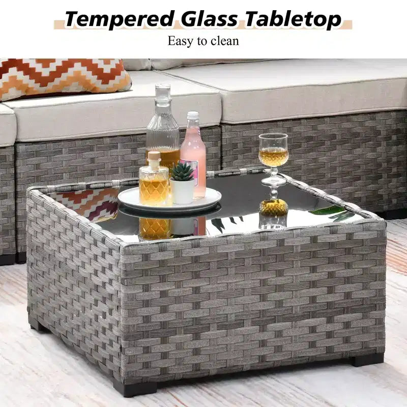 Ensemble de mobilier de patio d'extérieur en osier Marlton 9 pièces avec canapé de conversation, brasero rectangulaire, fauteuil pivotant et coussins