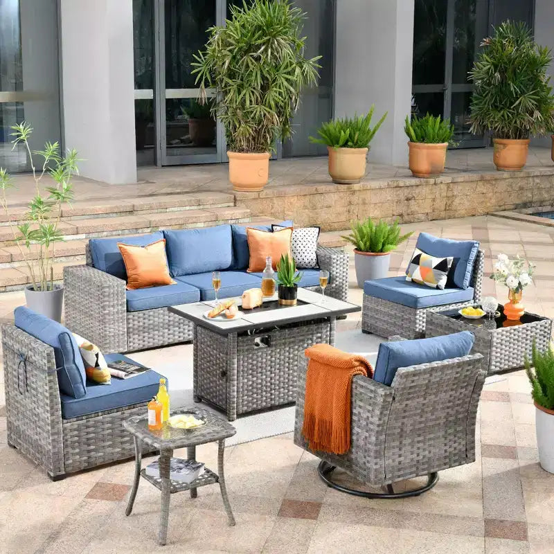 Ensemble de mobilier de patio d'extérieur en osier Marlton 9 pièces avec canapé de conversation, brasero rectangulaire, fauteuil pivotant et coussins