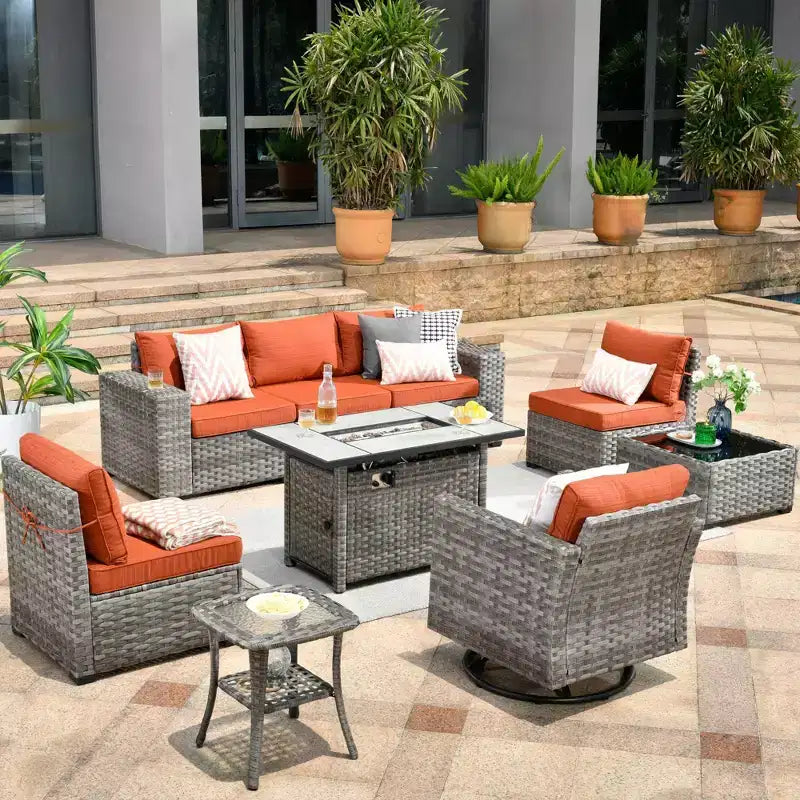 Ensemble de mobilier de patio d'extérieur en osier Marlton 9 pièces avec canapé de conversation, brasero rectangulaire, fauteuil pivotant et coussins