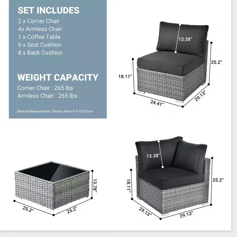 Ensemble de mobilier de jardin 7 pièces en osier de Venise avec canapé sectionnel, table et coussins