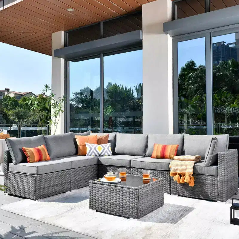 Ensemble de mobilier de jardin 7 pièces en osier de Venise avec canapé sectionnel, table et coussins