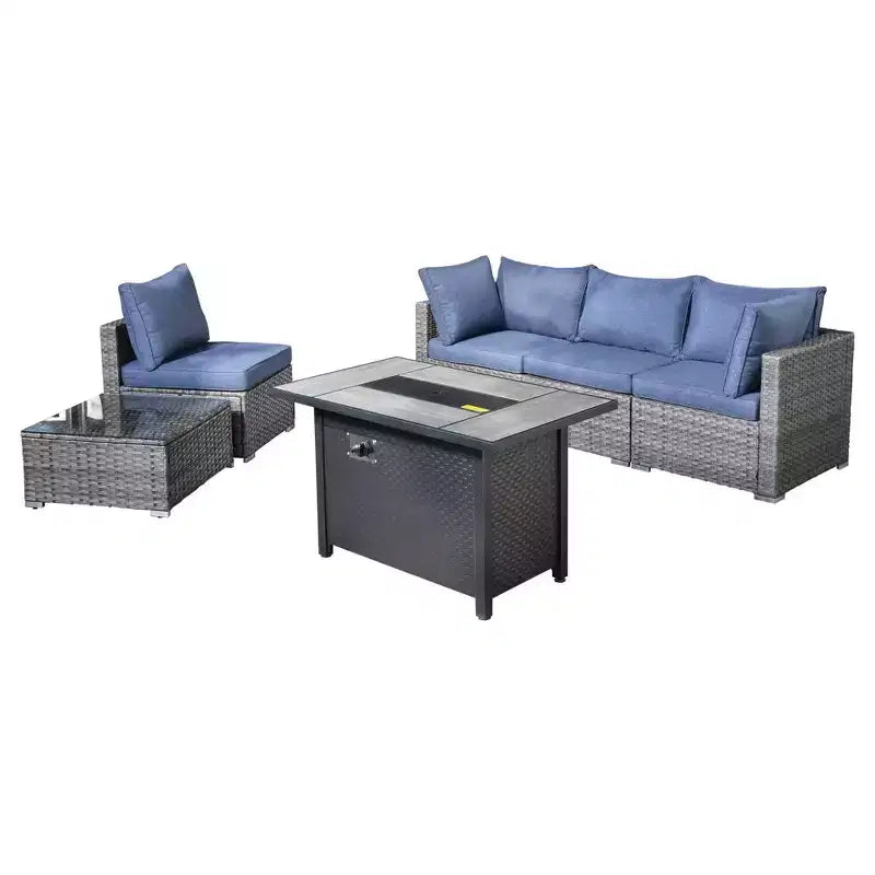 Ensemble de mobilier de patio en osier 6 pièces Venise, canapé de conversation avec foyer en métal et coussins