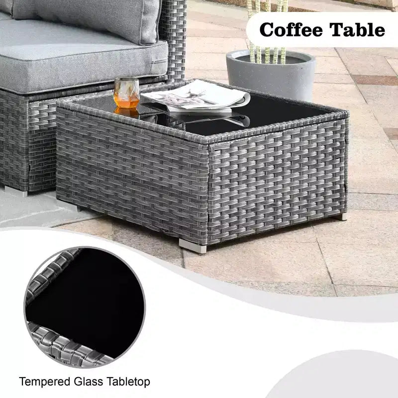 Ensemble de mobilier de patio en osier 6 pièces Venise, canapé de conversation avec foyer en métal et coussins