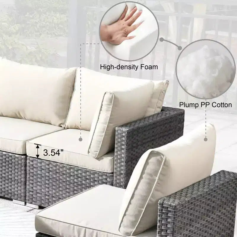 Ensemble de mobilier de patio en osier 6 pièces Venise, canapé de conversation avec foyer en métal et coussins