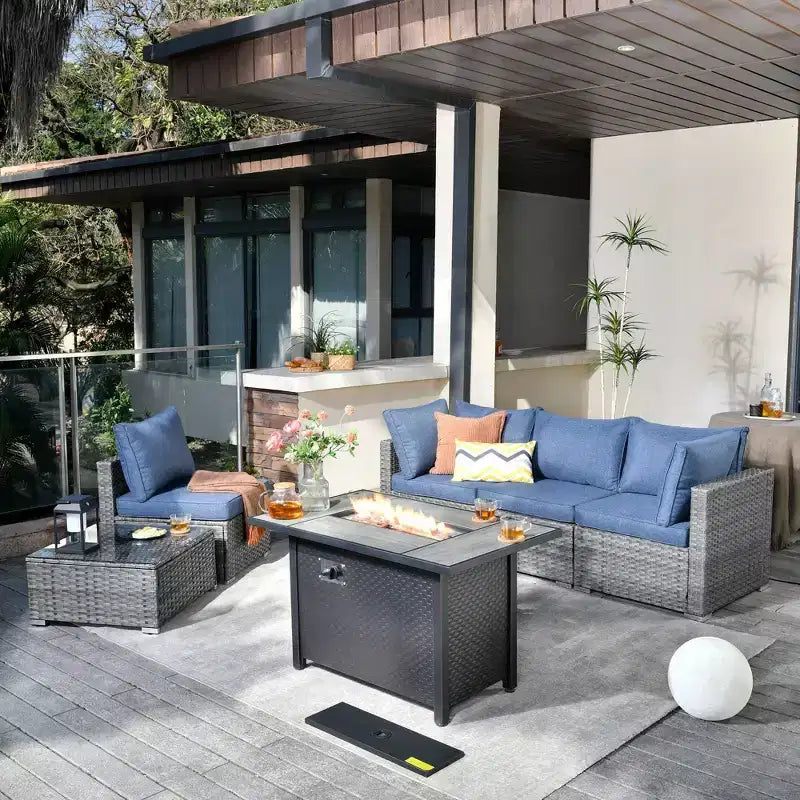Ensemble de mobilier de patio en osier 6 pièces Venise, canapé de conversation avec foyer en métal et coussins