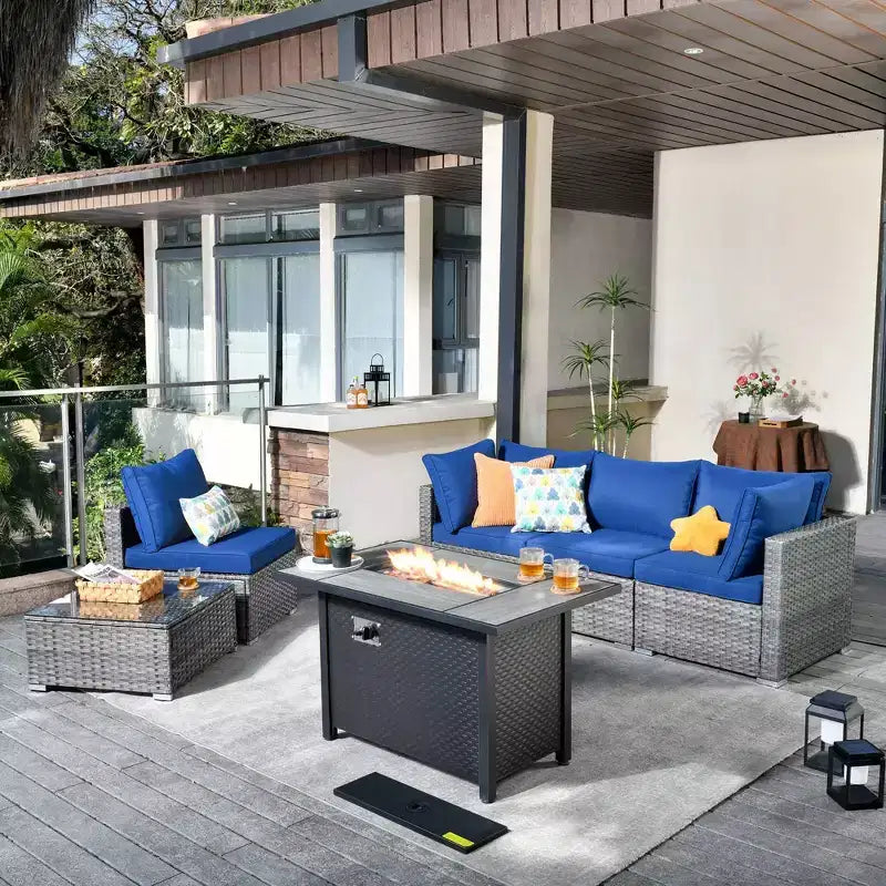 Ensemble de mobilier de patio en osier 6 pièces Venise, canapé de conversation avec foyer en métal et coussins