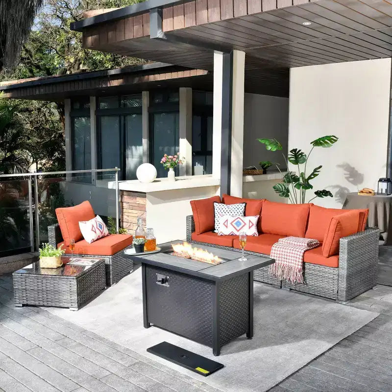 Ensemble de mobilier de patio en osier 6 pièces Venise, canapé de conversation avec foyer en métal et coussins