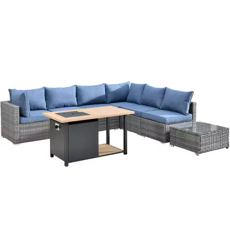 Ensemble de meubles de patio extérieur en osier 8 pièces Ovios Venice avec canapé conversationnel, foyer de rangement et coussins
